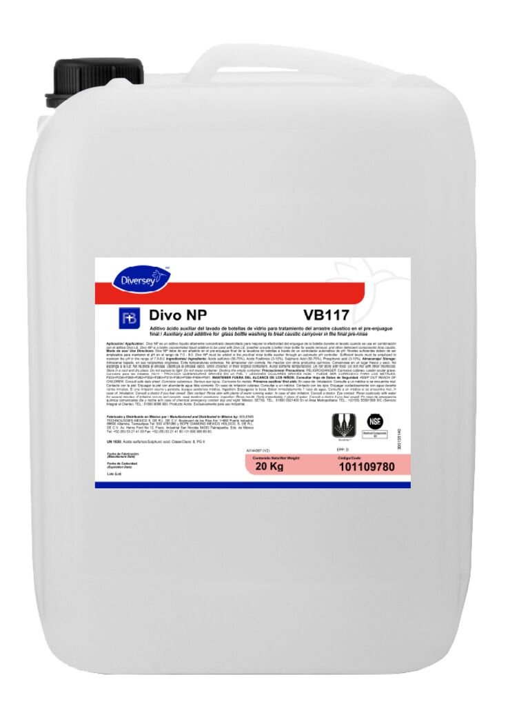 DIVO NP VB117 20kg - ADITIVO ÁCIDO AUXILIAR DEL LAVADO DE BOTELLAS DE VIDRIO PARA TRATAMIENTO DEL ARRASTRE CÁUSTICO EN EL PREENJUAGUE FINAL